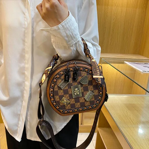 Miniatura 7 de Bolso vintage para mujer, bolso cruzado redondo con un hombro, bolso circular de gran capacidad, bolso diario para mujeres y niñas (marrón)