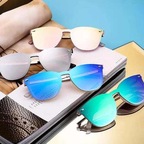 Miniatura 4 de Rimless Wayfarer Anteojos de sol en una sola pieza lente espejo reflectante, anteojos para hombres mujeres