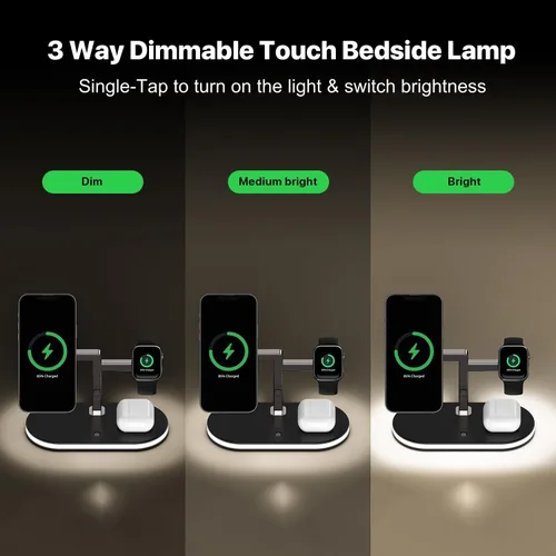 Miniatura 7 de VBA Estación de carga inalámbrica 4 en 1 para cargador Apple MagSafe, soporte de cargador inalámbrico magnético de carga rápida con luz nocturna