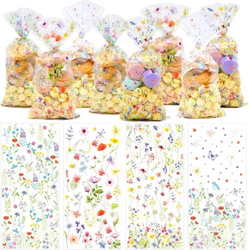 Miniatura 10 de 160 piezas de 4 estilos de bolsas de dulces de celofán del Día de San Patricio con lazos de torsión, diseños de trébol y duende, bolsas de golosinas