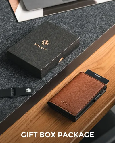 Miniatura 6 de VULKIT Cartera minimalista de cuero de grano con protección RFID con capacidad para hasta 10 tarjetas, Litchi Brown, Minimalista