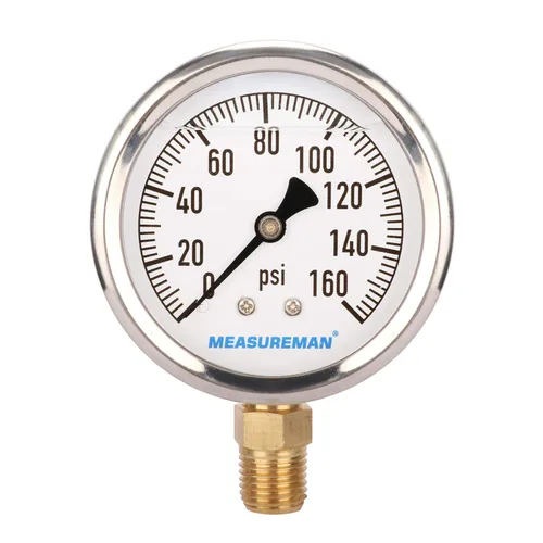 MEASUREMAN 2-1/2" Tamaño del dial, manómetro de plomería relleno de glicerina, 0-160psi, caja de acero inoxidable, montaje inferior NPT de 1/4"