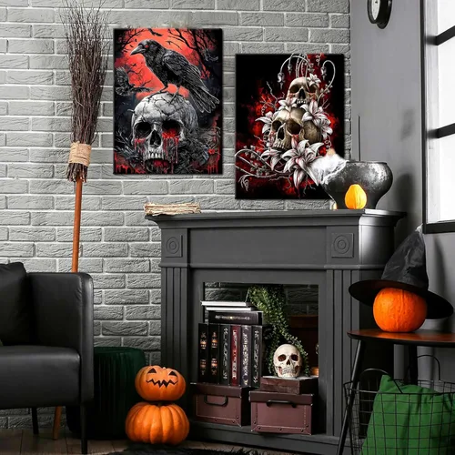 Miniatura 4 de Lienzo de pared de Halloween con marco de madera gótica para sala de estar, juego de 3 impresiones románticas de cuervo y mariposa, decoración