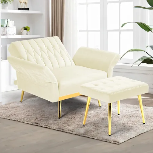 Miniatura 2 de Silla decorativa de terciopelo con respaldo y reposabrazos ajustables, sillón reclinable individual con otomana y patas mentales doradas para sala
