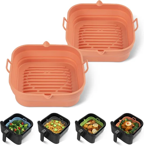 Miniatura 13 de [Paquete de 2] Forros cuadrados de silicona para freidora de aire – Cesta reutilizable para freidora de aire – Olla fácil de limpiar para freidora