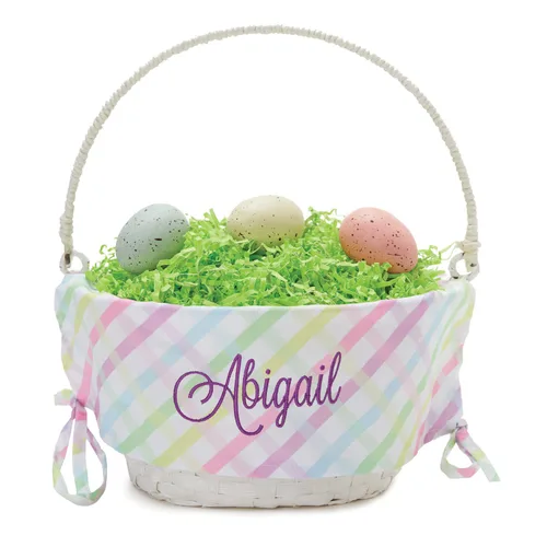 Cesta de huevo de Pascua personalizada con asa y nombre personalizado en escritura morada | Forro de canasta de Pascua multicolor | Cesta blanca |
