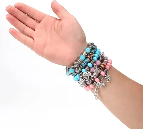 Miniatura 8 de Twinfree Pulseras bohemias para mujer, pulsera elástica de cuentas de colores multicapa con dije de joyería