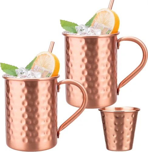 Juego de 2 tazas de cobre 100% puro, tazas Moscow Mule con pajitas de cobre y jigger - Taza para beber en frío, taza martillada a mano, regalos para