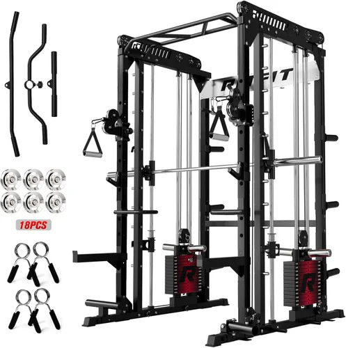 Miniatura 12 de RitFit Paquete de máquina M1 Pro Smith, jaula de potencia todo en uno con juego de pilas de pesas, incluye sistema LAT Pulldown y cable cruzado