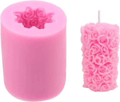 Molde de vela cilíndrica de silicona con flor de rosa para jabón hecho a mano, bomba de baño, barra de loción, crayón, cera, arcilla polimérica