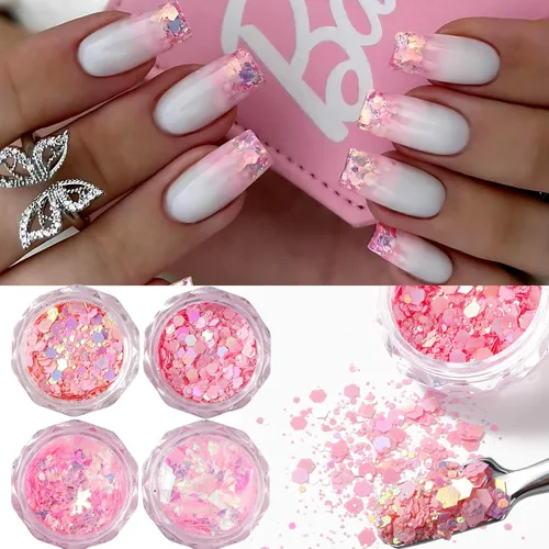 Miniatura 5 de Juego de polvos de purpurina rosa para arte de uñas, 12 frascos holográficos de lentejuelas para el día de San Valentín con cepillo, capa
