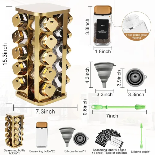 Miniatura 2 de Estante de especias de acero inoxidable para cocina con 20 latas de vidrio de grado alimenticio, soporte vertical giratorio con etiqueta de especias