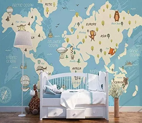 Murwall Kids Map Wallpaper Blue White World Map Wall Mural Cartoon Animals Wall Art Nursery Wall Decor Girls Boys Bedroom Childroom