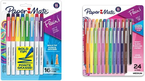 Paper Mate Flair - Bolígrafos de punta de fieltro, punta gruesa y media, colores surtidos, 16 y 24 unidades