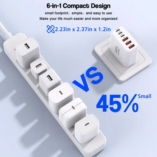 Miniatura 5 de Bloque de carga USB C de 65 W, paquete de 2 bloques de carga rápida de 6 puertos con cable tejido tipo C a tipo C de 6 pies de largo, enchufe
