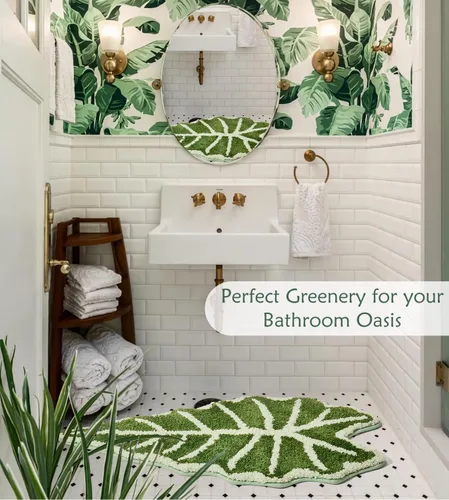 Miniatura 3 de Alfombra de baño con forma de hojas verdes, alfombra de baño con forma de hojas tropicales para bonita decoración de baño, alfombra de planta