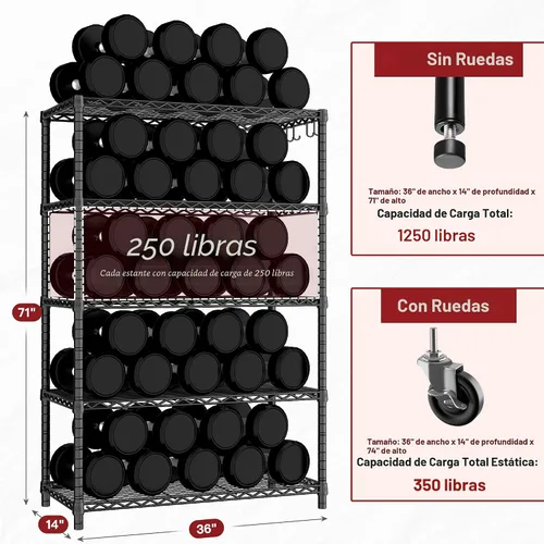 Miniatura 2 de PrimeZone Estantería de alambre de 74 pulgadas de alto, 1250 libras, estantes de almacenamiento de 5 niveles con ruedas, certificado NSF, estante
