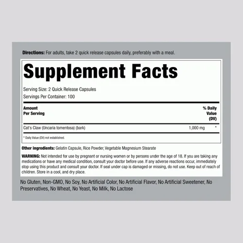 Miniatura 2 de Piping Rock Cápsulas de garra de gato de 1000 mg 200 unidades UNA De Gato Suplemento de hierbas Sin OMG, sin gluten