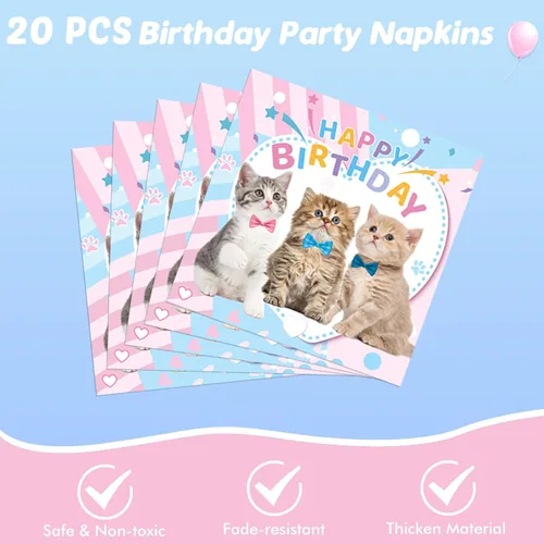 Miniatura 5 de Ryzovo Suministros para fiesta de cumpleaños de gato, 62 piezas de decoración de fiesta de gato y juego de vajilla - Decoración de fiesta