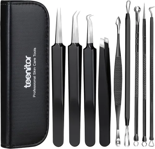 Teenitor Herramientas para eliminar puntos negros y kit de herramientas para reventar, 9 piezas de acero inoxidable para herramienta facial,