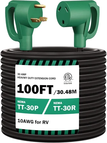 Stright Cable de extensión de alimentación para RV de 100 pies 30 amperios, cable de extensión de alimentación para RV NEMA TT-30P macho a TT-30R