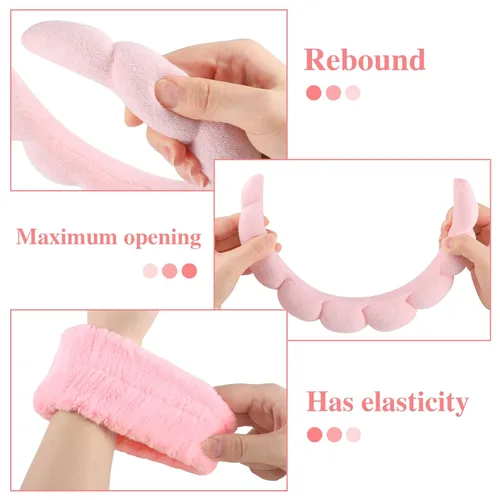 Miniatura 3 de WSICSE Diadema de esponja rosa para lavar la cara, diademas para el cuidado de la piel acolchadas para mantener el cabello seco, prepárate