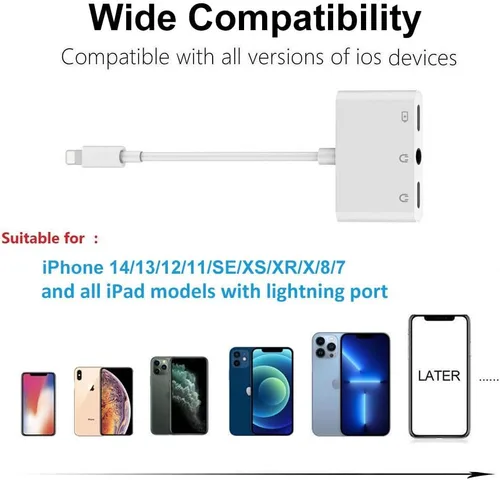 Miniatura 7 de 8ware Adaptador Lightning a auriculares 0.138 in Jack Adaptador de auriculares 3 en 1 y divisor de carga para iPhone 13/12/11/SE/XS/XR/X/8/7 y iPad