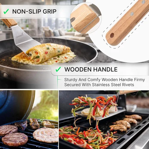 Miniatura 4 de Juego de espátulas de metal, espátula larga para plancha, espátulas de teppanyaki, raspador de plancha y aleta para panqueques o volteador