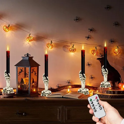 Miniatura 4 de GenSwin Velas cónicas sin llama de Halloween en negro con candelabros de mano de fantasma y temporizador remoto, 2 piezas de velas cónicas operadas