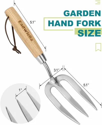Miniatura 4 de Herramienta de mano de horquilla de jardín, tenedor pequeño de 12 pulgadas con mango de madera de 3 dientes puntiagudos para jardinería, cultivo
