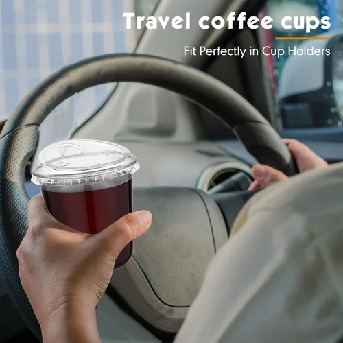 Miniatura 6 de Baderke 100 Vasos de Plástico con Tapas para Sorber Fondo Redondo Vasos de Café de Plástico Desechables con Tapas Tazas de Cristal Transparentes sin