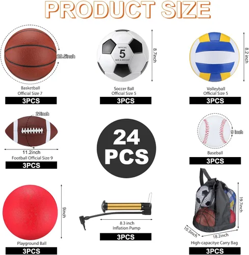 Miniatura 2 de Leyndo Juego de 18 Pelotas Deportivas a Granel Baloncesto Fútbol Americano Voleibol Fútbol Soccer Parque Infantil Béisbol con Bolsa de Equipo Varios
