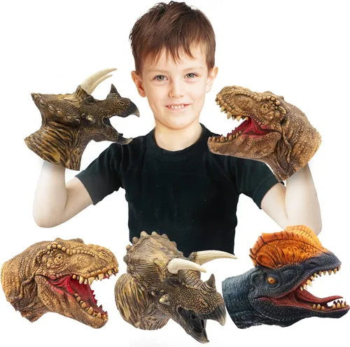 Yolococa Juego de títeres de mano de dinosaurio realista de látex suave con cabeza de animal, juguetes de marionetas de mano, regalo para niños,