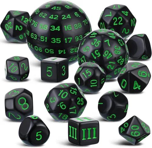 Miniatura 14 de Civaner Juego completo de 15 dados poliédricos D3-D100 esféricos RPG en negro opaco, 100 lados para juegos de rol, suministros de fiesta