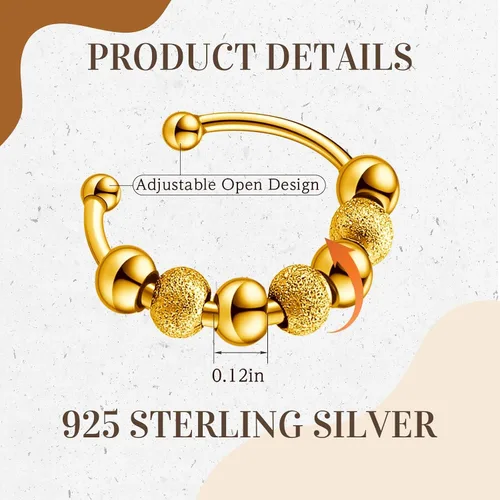 Miniatura 2 de Yinkin 30 anillos para ansiedad para mujeres, de acero inoxidable, ajustable, con cuentas, para hombres y adultos, alivio del estrés (dorado)
