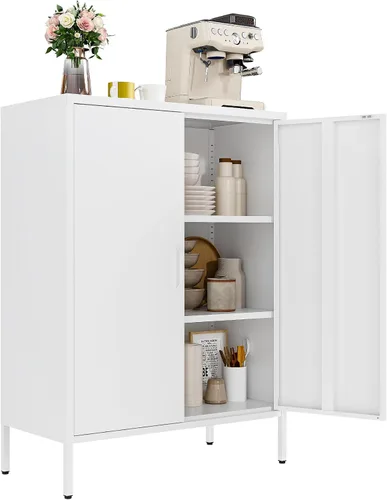 Miniatura 8 de Gabinete de Almacenamiento de Metal para Baño, Gabinete Aparador Negro con Puertas de Vidrio y Estantes Ajustables, Pequeños Gabinetes de Metal