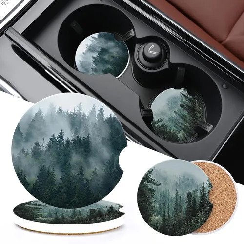 Miniatura 5 de Posavasos para Automóvil para Portavasos, Bosque Oscuro Naturaleza Montaña Universal Antideslizante de Cerámica Posavasos para Taza de Automóvil