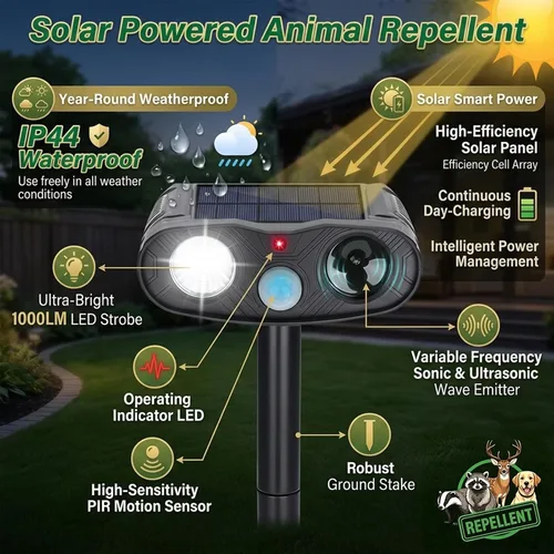 Miniatura 4 de Repelente solar ultrasónico de gatos 2026, dispositivos repelentes de ciervos para exteriores, paquete de 4 repelentes solares de animales