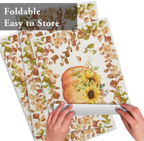 Miniatura 7 de Juego de 4 manteles individuales Boho de otoño, calabazas de acuarela para Acción de Gracias, resistentes al calor, lavables, para mesa, manteles