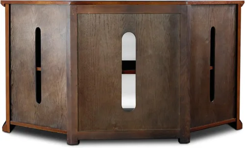 Miniatura 3 de Leick Home 80385 Soporte de TV de esquina de tres puertas de vidrio con plomo con almacenamiento cerrado para televisores de 50 pulgadas, roble