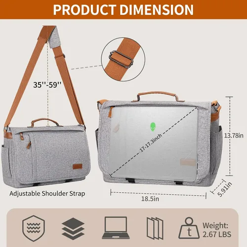 Miniatura 6 de ESTARER Bolsa de mensajero para laptop de 13 a 14 pulgadas, resistente al agua, bolsa de hombro de lona para universidad de negocios, gris
