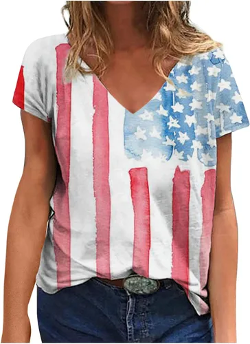 Ceboyel Camiseta de manga corta con la bandera estadounidense para mujer, estilo casual, cuello en V, blusas de verano, camisetas patrióticas para