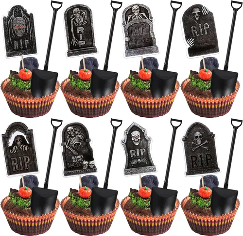 Miniatura 14 de Rsstarxi Paquete de 24 adornos para cupcakes Little Boo con purpurina, bruja, gato, calabaza, castillo, fantasma, magdalenas, alimentos, decoración