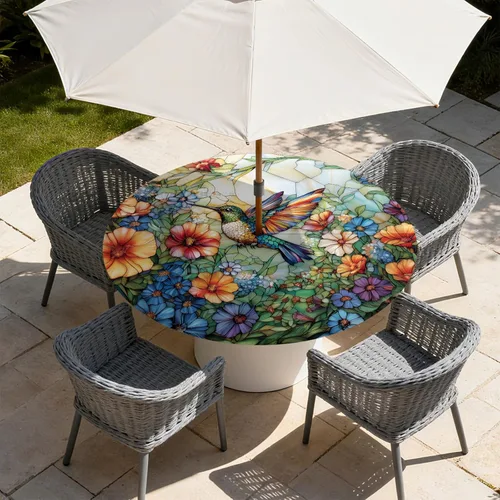 Miniatura 9 de Mantel para exteriores con agujero para sombrilla y cremallera, impermeable, redondo, ajustable con borde elástico, mantel lavable para mesa al aire