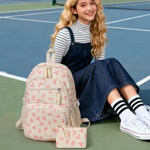 Miniatura 2 de Mochila con lazo para mujer, mochila kawaii de nailon coquette, juego de 3 piezas, linda mochila para computadora portátil universitaria, mochila