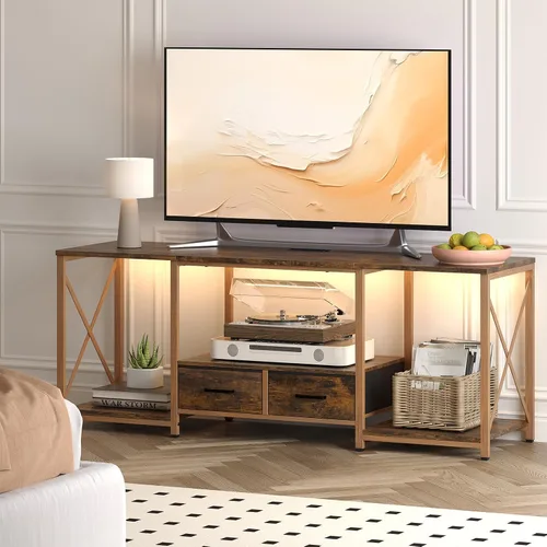 Miniatura 6 de LED TV Stand with 2 Fabric Drawer - 55" Industrial TV Console Table with Open Storage Shelves for Living Room,Bedroom, Entertainment Center TV