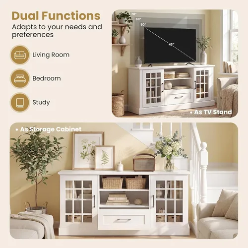 Miniatura 6 de LOKO Armario de TV de 62 pulgadas, mesa consola multimedia con 2 armarios y cajones de puerta de cristal, para televisores de hasta 70 pulgadas