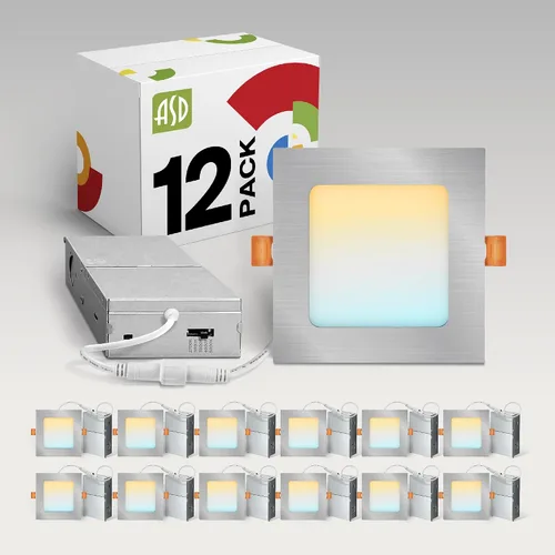 ASD Paquete de 12 luces LED empotrables cuadradas de 4 pulgadas, 5 CCT 2700K-5000K, 12 W, 50 W, Eqv, ultra delgadas, regulables, con caja en J,