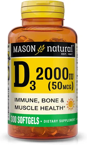 MASON NATURAL Vitamina D3 2,000 UI Ultra Fuerza, Apoya la Densidad Ósea, Fuerza y Salud Inmune, 300 Cápsulas Blandas