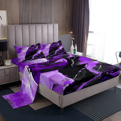 Miniatura 34 de Juego de sábanas de mármol colorido para niñas, niños y mujeres, color morado, azul, rosa, remolino, mármol, sábana bajera ajustable psicodélico